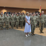 Nevada Congresswoman Susie Lee and Colonel Choli C. Ence stand in formation with the soldiers of the 650th Regional Support Group following the farewell ceremony held at the George W. Dunaway Army Reserve Center in Sloan, Nevada on July 19, 2025 (U.S. Army photo by MAJ Matthew Osofsky).