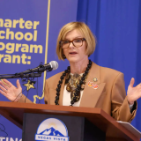 Rep. Susie Lee speaks during a press conference and celebration event, hosted by Opportunity 180, at Vegas Vista Academy