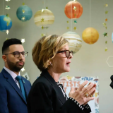 Rep. Susie Lee speaks about affordable child care as YMCA of Southern Nevada President and CEO Jordan Sommaggio looks on during a press conference on Monday, Jan. 5, 2026, in Las Vegas. (Bizuayehu Tesfaye/Las Vegas Review-Journal) @bizutesfaye