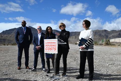 Nevada Housing Coalition Executive Director Maurice Page, Olympia Companies Executive Vice President Chris Armstrong, Southern Nevada Home Builders Association CEO Tina Frias, Congresswoman Susie Lee, Senator Catherine Cortez Masto. 