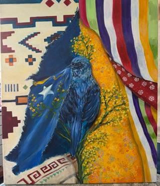 Bird among different colored cultural textiles