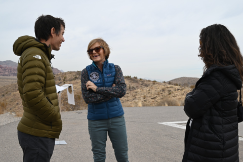 Congresswoman Lee chatting with Alex Honnold