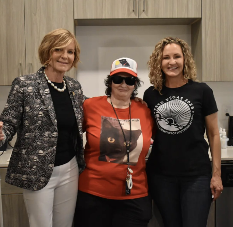 Rep. Susie Lee, Meals on Wheels recipient Mae Courson, and CCSN President and CEO Sara Ramirez