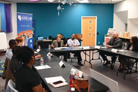 Congresswoman Lee discussing gun violence prevention at roundtable