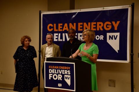 Donna West, Chris Brooks, Rep. Horsford, and Rep. Lee speak at a press conference
