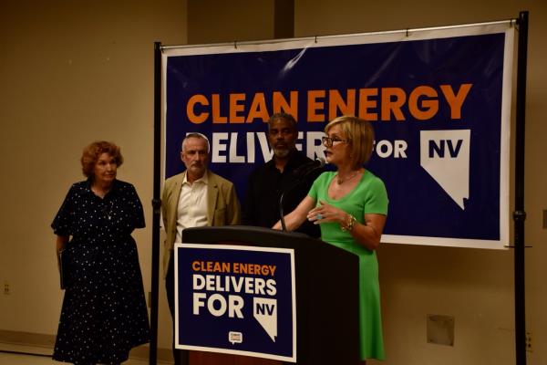 Donna West, Chris Brooks, Rep. Horsford, and Rep. Lee speak at a press conference