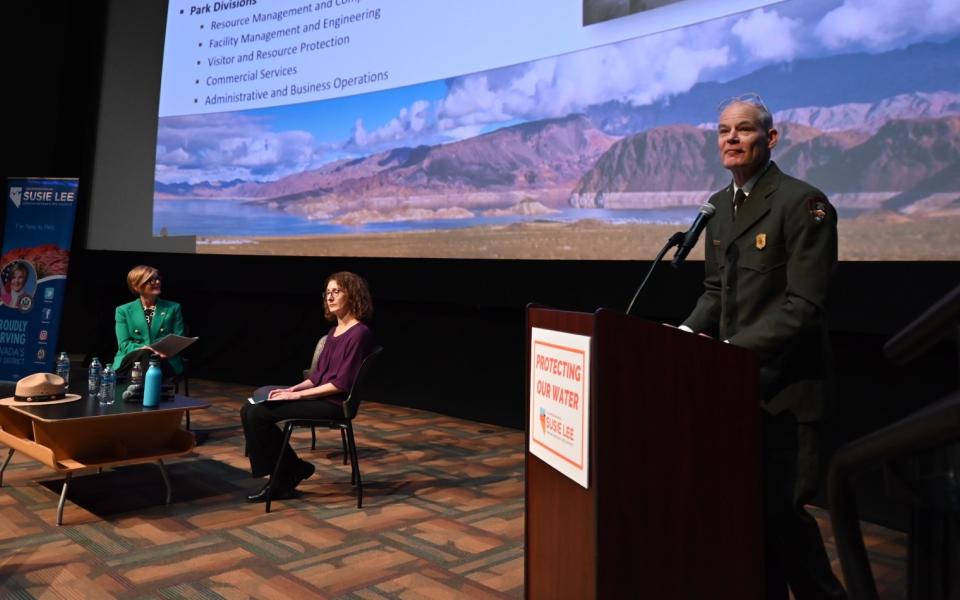 Lake Mead NRA Superintendent Mike Gauthier speaking at podium
