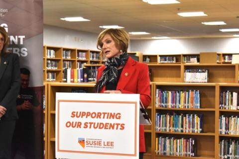 Rep. Susie Lee speaks during a news conference